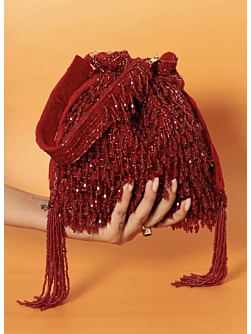 Red Hand Beaded Stone Evening Party Wear Clutch