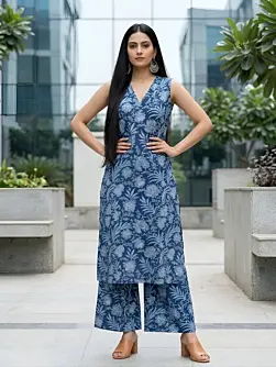 Blue Printed Straight Kurta With Palazzo for Women