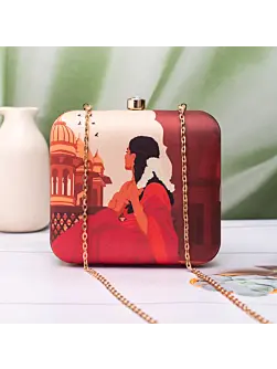 Women Red Saree Muse Portrait Clutch