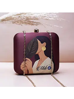 Women Dark Brown Asthetic Girl Portrait Printed Name Customised Clutch