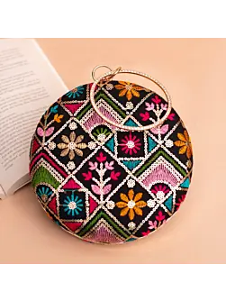 Woman Black Based Multicolored Thread And Sequins Embroidery Clutch