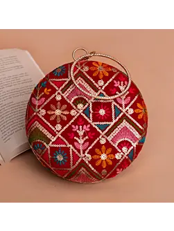 Woman Red Based Multicolored Thread And Sequins Embroidery Clutch