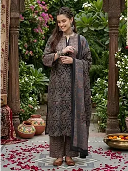 Black Printed Straight Kurta Set With Dupatta for Women