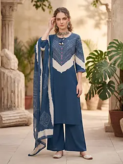 Blue Printed Straight Kurta Set With Dupatta for Women