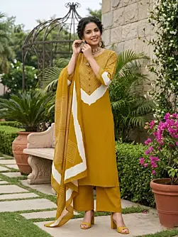 Yellow Printed Straight Kurta Set With Dupatta for Women