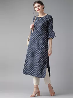 Women Navy Blue Checked Kurta
