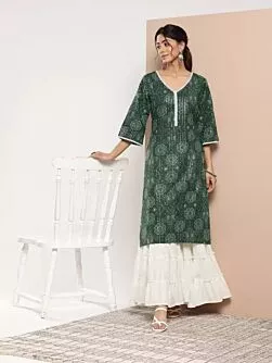 Women Printed Cotton Blend Straight Kurta  (Green