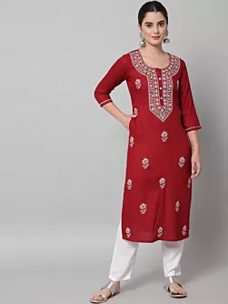 Women Chikan Embroidery Cotton Rayon A-line Kurta  (Maroon)