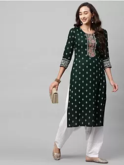 Women Printed Viscose Rayon Embroidered Straight Kurta  (Green)