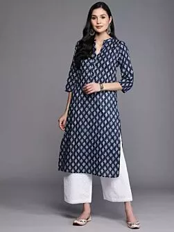 Women Printed Cotton Blend Straight Kurta  (Blue)