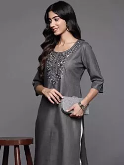Women Embroidered Cotton Blend Straight Kurta  (Grey, Silver)