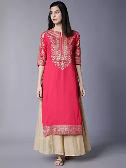 Women Printed Cotton Blend Straight Kurta  (Gold, Pink)
