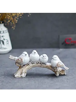 Polyresin Handcrafted 4 White Bird Statues Sitting on Tree Branch Decorative Showpiece