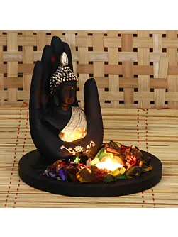 Polyresin Black and Golden Handcrafted Palm Buddha Statue with Wooden Base Tealight Candle Holder