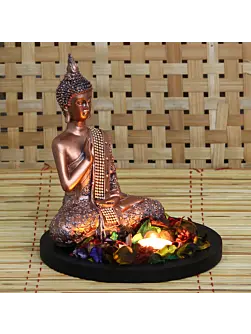 Polyresin Copper Finish Meditating Buddha Idol with Wooden Base, Fragranced Petals and Tealight