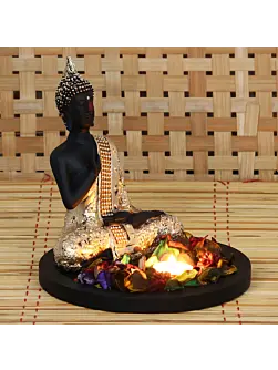 Polyresin Black and Golden Meditating Blessing Buddha Statue with Wooden Base, Fragranced Petals and Tealight