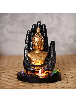 Polyresin Black and Golden Handcrafted Palm Buddha Statue with Wooden Base, Fragranced Petals and Tealight