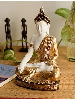 Polyresin White and Golden Handcrafted Decorative Meditating Buddha Statue