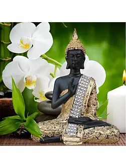Handcrafted Decorative Meditating Buddha (Size - 17CmxGolden and BlackxPolyresin), 1 Lord Buddha Idol