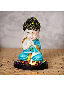 Polyresin Blue and White Praying Monk Buddha Statue with Wooden Base, Fragranced Petals and Tealight
