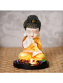 Polyresin Yellow and White Praying Monk Buddha Idol with Wooden Base, Fragranced Petals and Tealight
