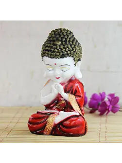 Polyresin Red and White Praying Monk Buddha Statue with Wooden Base, Fragranced Petals and Tealight