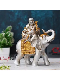 Silver & Golden Laughing Buddha Statue Seating on Elephant Figurine