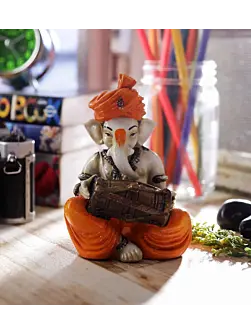 Orange Polyresin Lord Ganesha playing Dholak Idol
