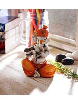 Orange Polyresin Lord Ganesha Playing Flute Idol