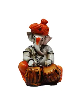 Orange Polyresin Lord Ganesha Playing Tabla Idol