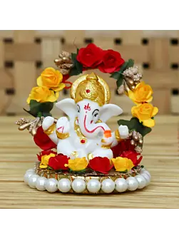 Polyresin Lord Ganesha Idol on Decorative Handcrafted Rose Flower Plate for Home and Car Dashboard
