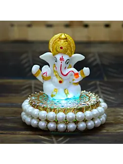Gold and White Polyresin Lord Ganesha Idol on Decorative Handcrafted Plate for Home and Car Dashboard