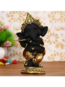 Golden And Black Lord Ganesha Idol Playing Flute Decorative Showpiece