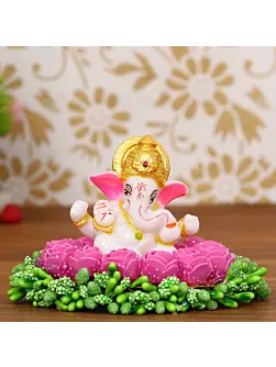 Lord Ganesha Idol On Decorative Handcrafted Pink Flowers Plate