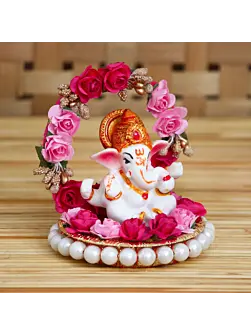Polyresin Lord Ganesha Idol on Decorative Handcrafted Plate with Throne of Pink and Red Flowers