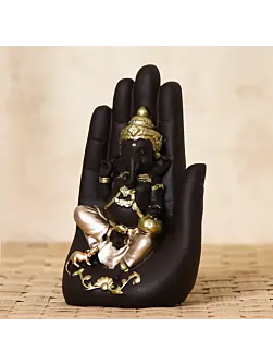 Black and Golden Handcrafted Polyresin Palm Ganesha Idol