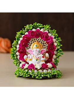 Polyresin Lord Ganesha Idol on Handcrafted Green Floral Plate for Home, Office and Car Dashboard