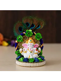 Polyresin Lord Ganesha Idol on Handcrafted Peacock Feather Floral Plate for Home and Car Dashboard