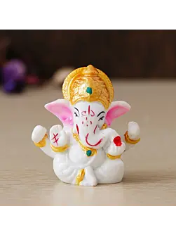 White Polyresin Lord Ganesha Idol with Golden Mukut