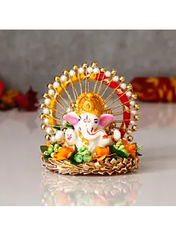 Lord Ganesha Idol On Floral Handicrafted Plate For Home/Temple/Office/Car Dashboard