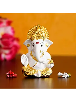 Gold Plated White Polyresin Ganesha Idol for Home, Temple, Office and Car Dashboard