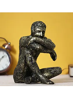Golden and Black Polyresin Man Figurine Sitting in Thinking Position