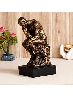 Golden Polyresin Antique Finish Thinking Man Figurine Sitting on Rock Handcrafted Decorative Showpiece
