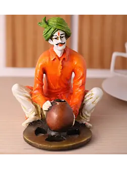 Polyresin Rajasthani Craftsman Statue Making Pot Handcrafted Decorative Showpiece(Orange and Green)