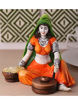 Polyresin Rajasthani Lady using Flour Machine Handcrafted Decorative Showpiece ( Orange, Green and Brown )