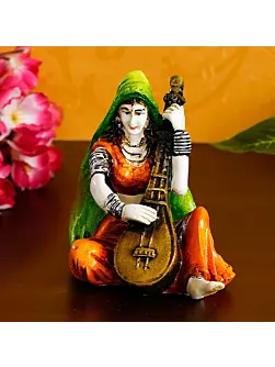 Polyresin Rajasthani Women Statue Playing Sitar Human Figurine Decorative Showpiece