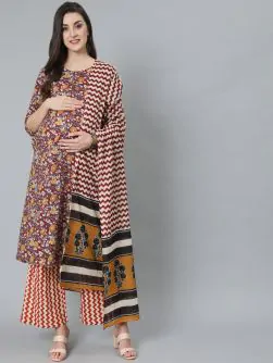 Maroon & Mustard Kalamkari Printed Maternity Kurta & Palazzo With Dupatta Set