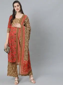 Brown & Beige Floral Printed Lurex Design Maternity Kurta Set