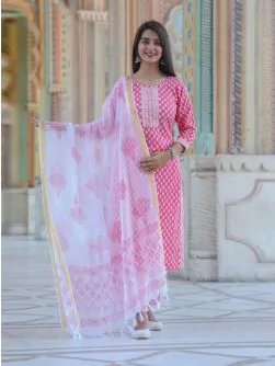 Katha Work Straight Cotton Kurta Set