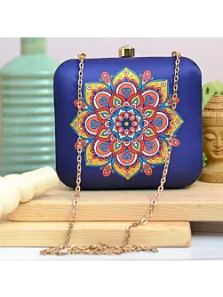 Woman Royal Blue Mandala Printed Clutch